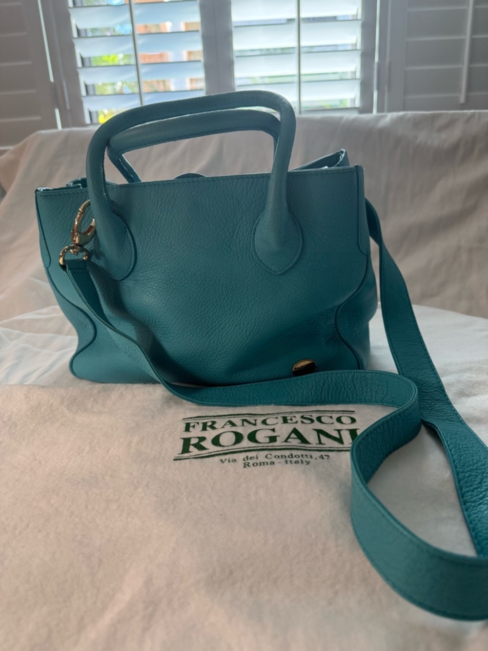 Francesco Rogani Teal Leather Top-Handle Crossbody Bag purchased in Rome.
